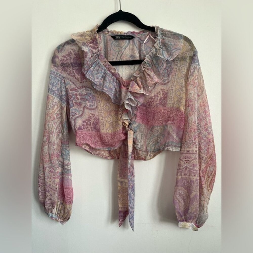 Zara Paisley Ruffle Crop Sheer Button Down Long Sleeve Blouse - Pastel - Medium